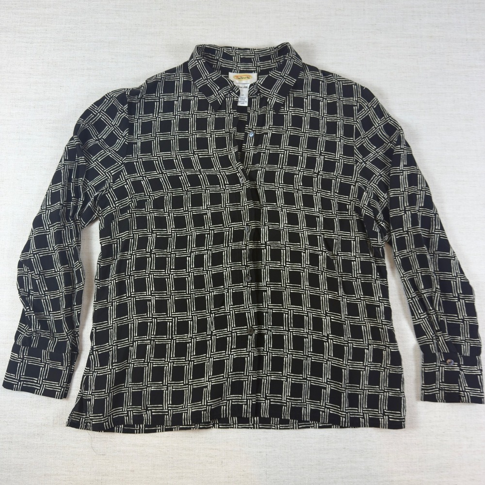 Talbots Pure Silk Blouse Black White Grid Geometric Button Down Mens Size 12